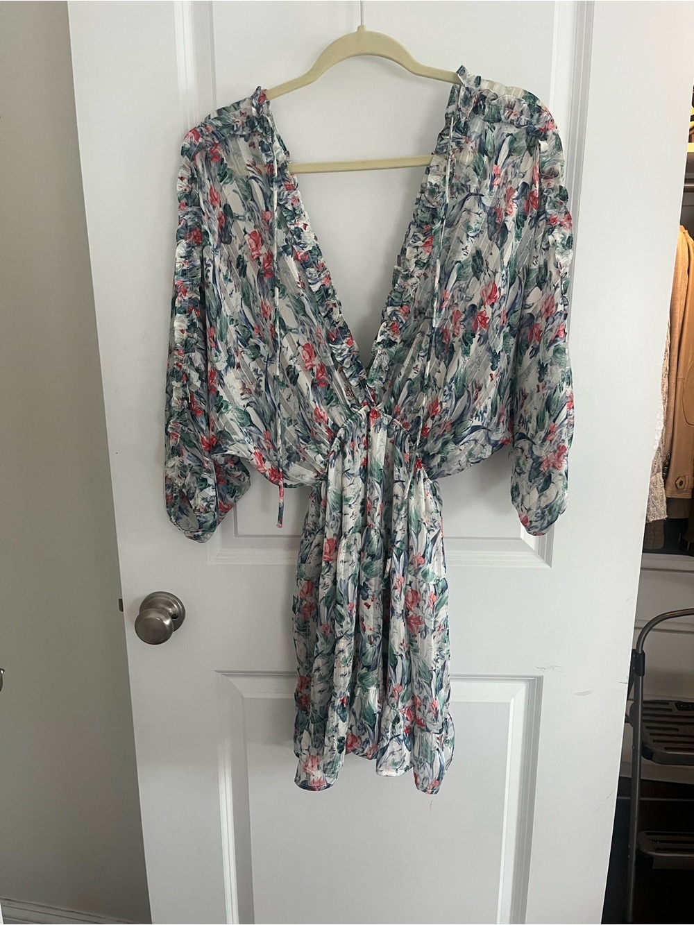 Vici White Floral Chiffon Tie-Front Dress with Blue and Green Accents